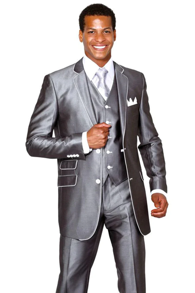 Mens Gray Tuxedo - Grey Wedding Suit-Men'S Vested Slim Fit Shiny Sharkskin Tuxedo Suit In Grey With White Piping - Men's Tuxedo USA