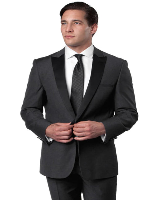 Mens Gray Tuxedo - Grey Wedding Suit-Mens Slim Fit One Button Peak Lapel Wedding Tuxedo In Charcoal Grey - Men's Tuxedo USA