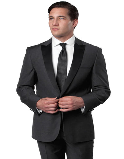 Mens Gray Tuxedo - Grey Wedding Suit-Mens Slim Fit One Button Peak Lapel Wedding Tuxedo In Charcoal Grey - Men's Tuxedo USA