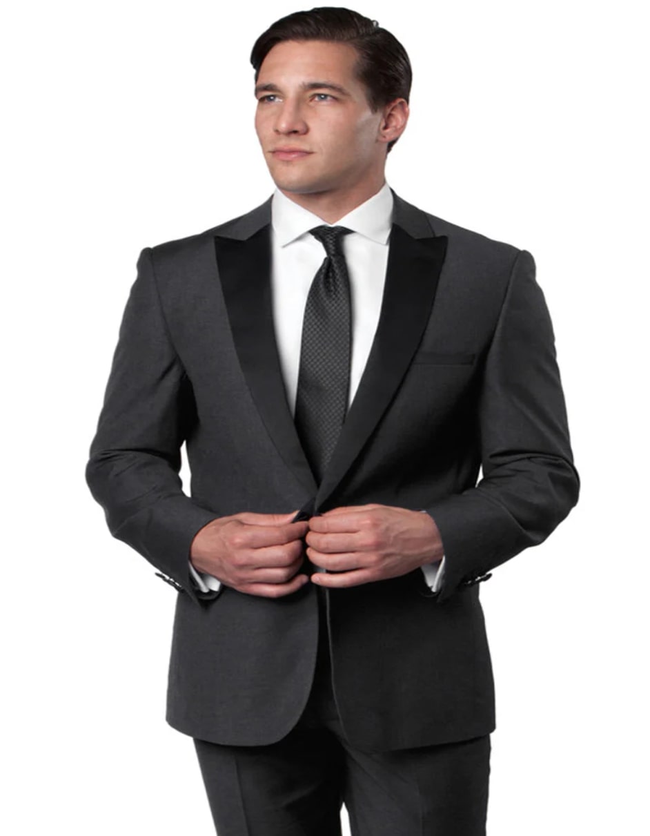 Mens Gray Tuxedo - Grey Wedding Suit-Mens Slim Fit One Button Peak Lapel Wedding Tuxedo In Charcoal Grey - Men's Tuxedo USA