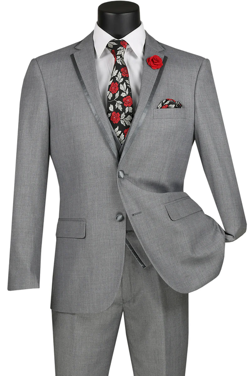 Mens Gray Tuxedo - Grey Wedding Suit-Mens Vested Wedding Trim Tuxedo In Grey - Men's Tuxedo USA