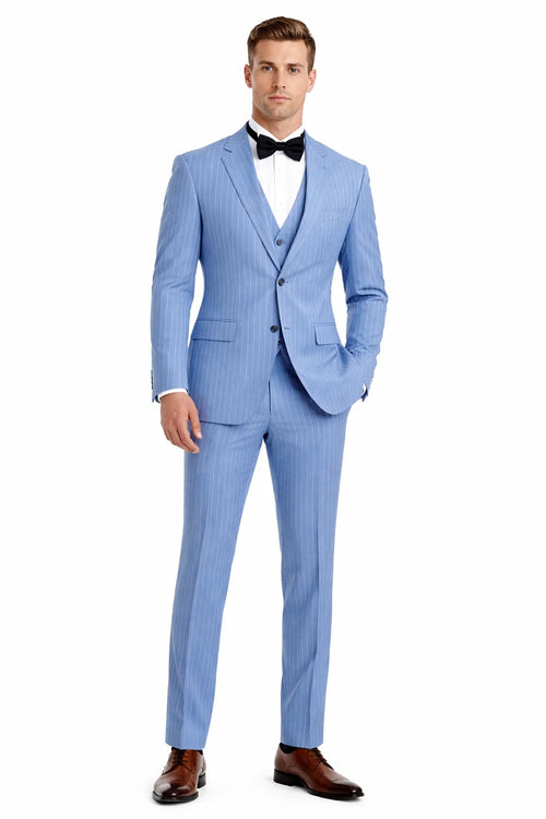 Men’s Smoke Blue Pinstripe 3-Piece Suit – Two Button Vintage Style with Wide Notch Lapel & Vest