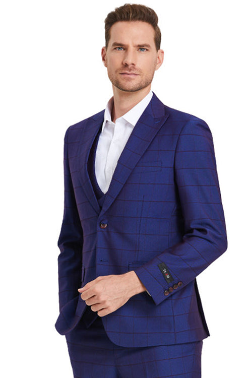 Men’s Indigo Blue Windowpane Suit with Vest & Peak Lapel