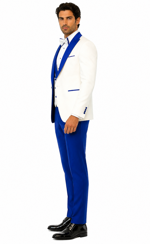 Hilton White and Royal Blue Paisley Peak Lapel Tuxedo Jacket with Matching Shawl Vest and Wool Pants - Includes Bow Tie by USA Men's Outlet