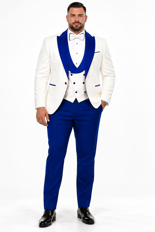 Hilton White and Royal Blue Paisley Peak Lapel Tuxedo Jacket with Matching Shawl Vest and Wool Pants - Includes Bow Tie by USA Men's Outlet