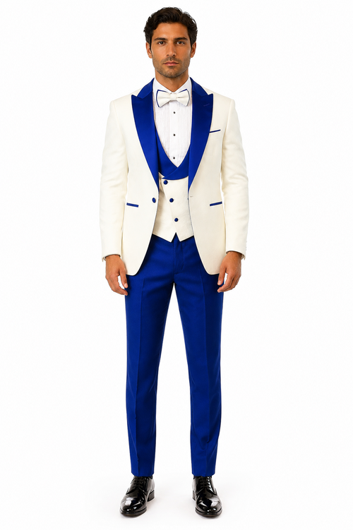 Hilton White and Royal Blue Paisley Peak Lapel Tuxedo Jacket with Matching Shawl Vest and Wool Pants - Includes Bow Tie by USA Men's Outlet