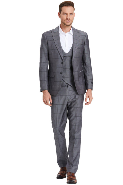 Men's Vested Sharkskin Suit in Charcoal Grey Windowpane