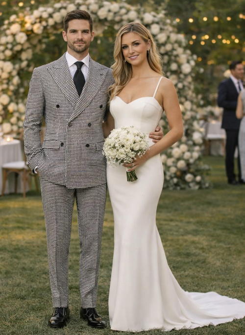 Houndstooth Double Breasted Suit - Wool Fabric Black and White Patterned Checkered Suit