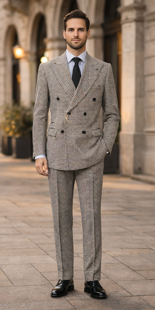 Houndstooth Double Breasted Suit - Wool Fabric Black and White Patterned Checkered Suit