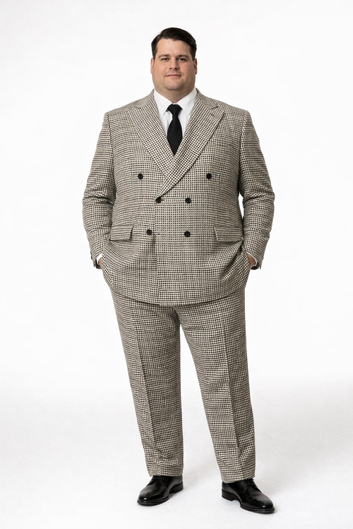 Houndstooth Double Breasted Suit - Wool Fabric Black and White Patterned Checkered Suit