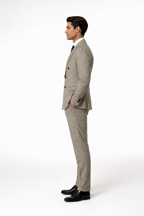 Houndstooth Double Breasted Suit - Wool Fabric Black and White Patterned Checkered Suit