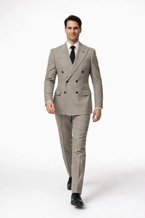 Houndstooth Double Breasted Suit - Wool Fabric Black and White Patterned Checkered Suit