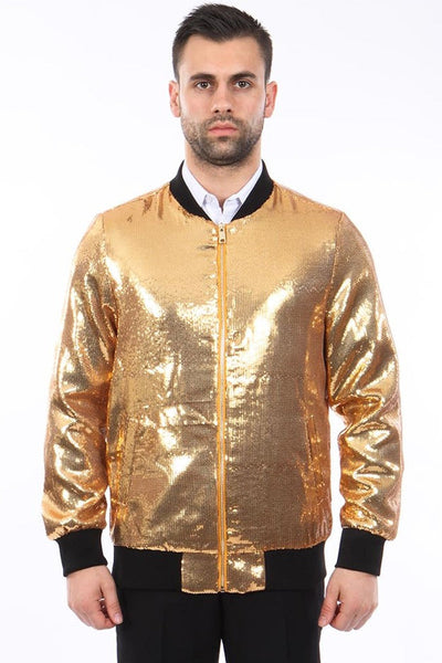Men's Shiny Sequin Bomber Jacket in Gold by Tazio Suits
