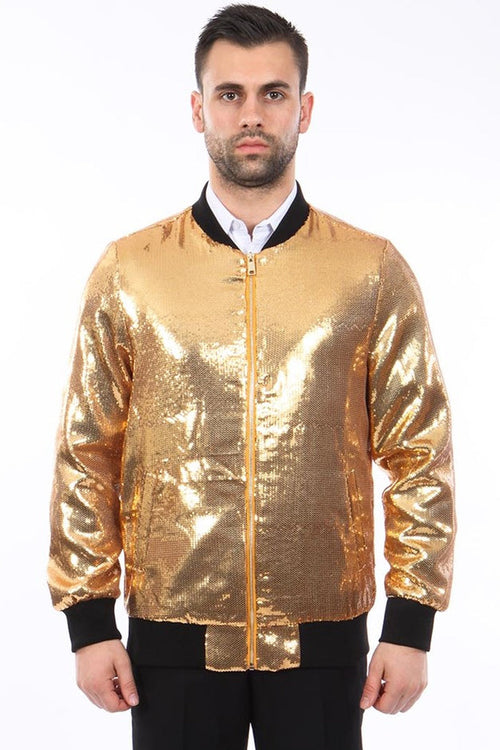 Men's Shiny Sequin Bomber Jacket in Gold by Tazio Suits