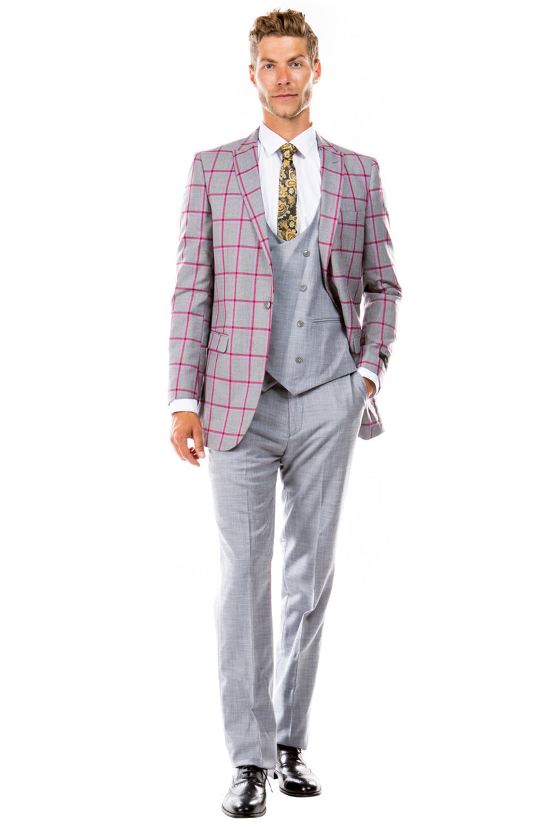 Men's Grey & Red Windowpane Suit with Double Vest
