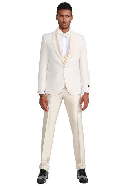 Men's One Button Vested Paisley Prom & Wedding Tuxedo with Satin Vest and Pants in Ivory by Tazzio