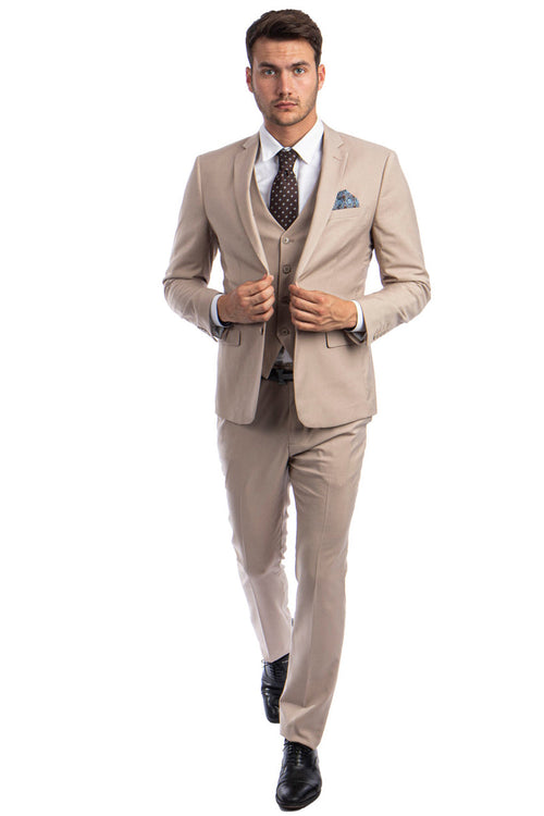 Men's Two Button Slim Fit Vested Solid Basic Color Suit in Medium Tan by Sean Alexander