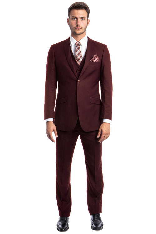 Men's Burgundy Slim Fit Vested Suit by Tazio Suits