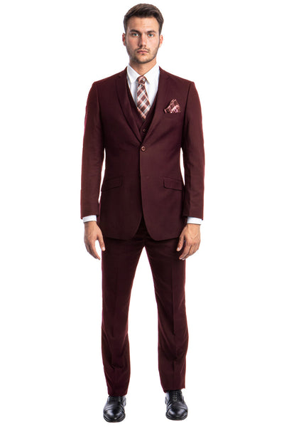 Men's Burgundy Slim Fit Vested Suit by Tazio Suits