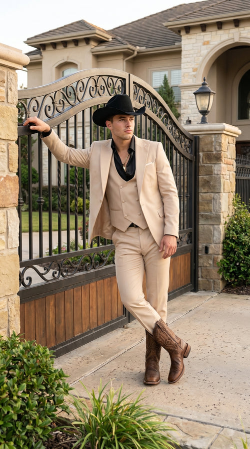 Men’s Light Beige Western 3 Piece Suit with Shawl Lapel, Cowboy Tuxedo Formal Outfit