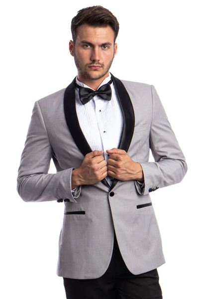 Mens Gray Tuxedo - Grey Wedding Suit-Mens Skinny Fit One Button Shawl Prom Tuxedo In Light Grey - Men's Tuxedo USA