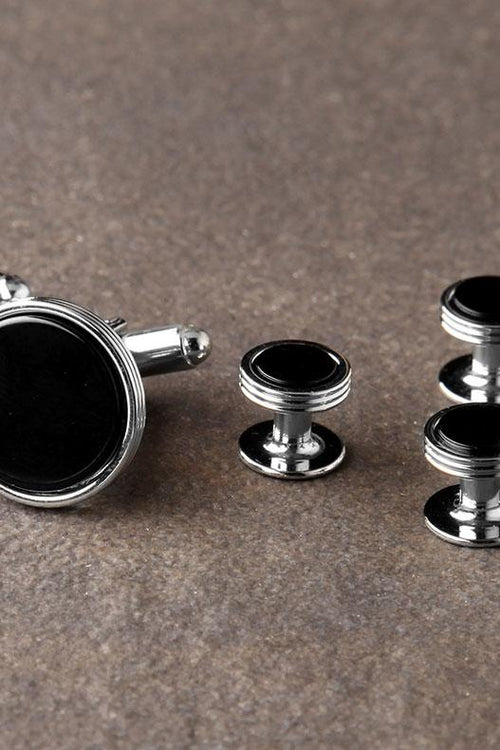 Premium Onyx Triple Rim Silver Studs and Cufflinks Set