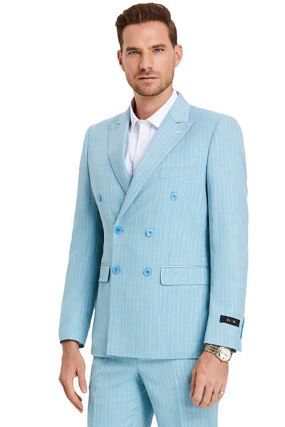 Men's Slim Fit Pastel Suit in Teal Blue Pinstripe
