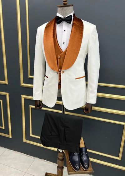 Men’s White Slim Fit Tuxedo with Burnt Orange Velvet Shawl Collar