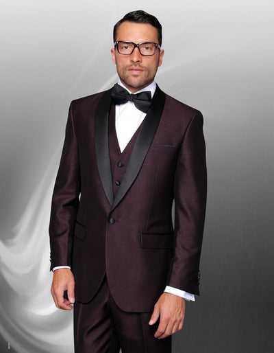Maroon Prom Suit - Maroon Prom Tuxedo Suits - Maroon Wedding Tuxedo Mens 1 Button Shawl Lapel Vested Wool Wedding | Prom Tuxedo in Burgundy