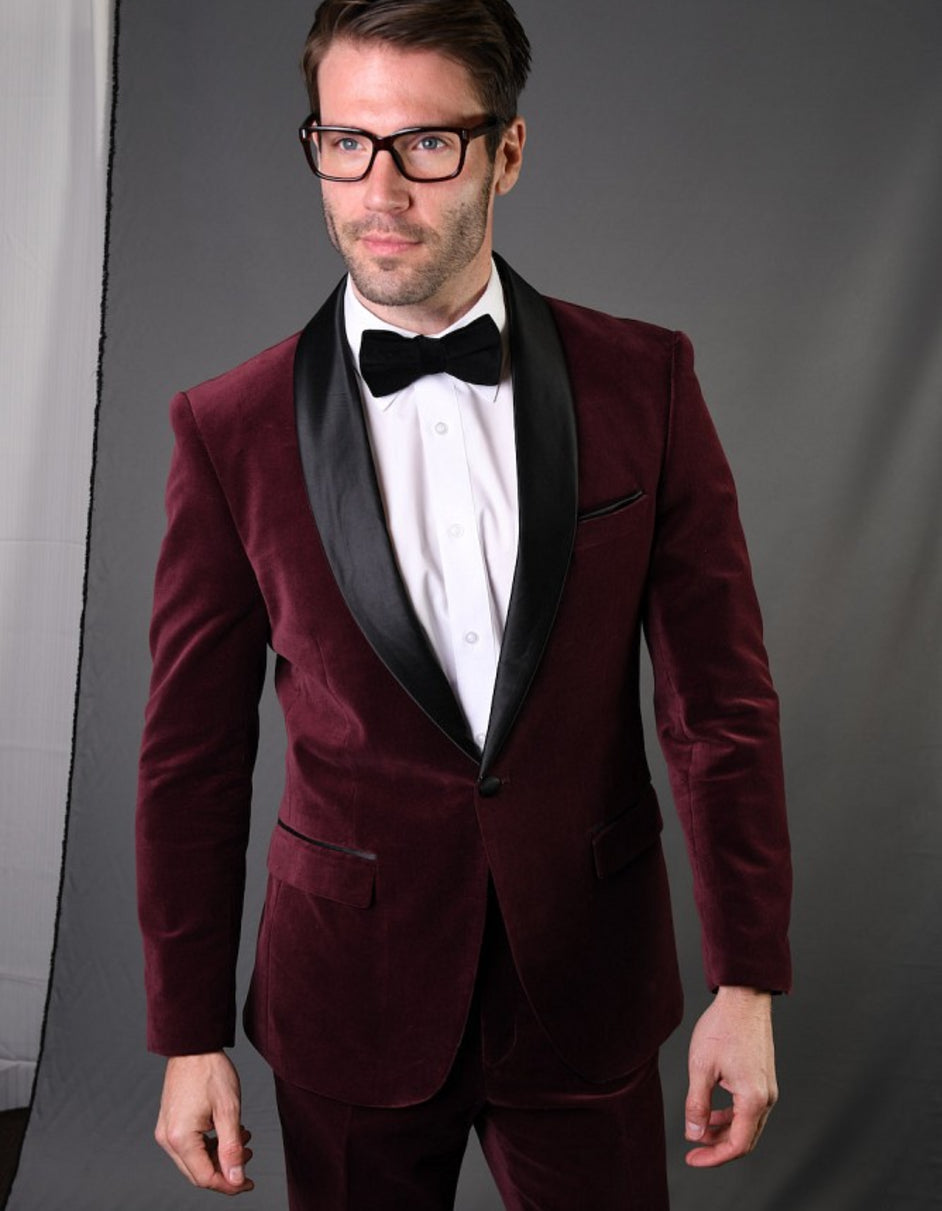 Maroon Prom Suit - Maroon Prom Tuxedo Suits - Maroon Wedding Tuxedo Mens 1 Button Shawl Lapel Velvet Tuxedo in burgundy