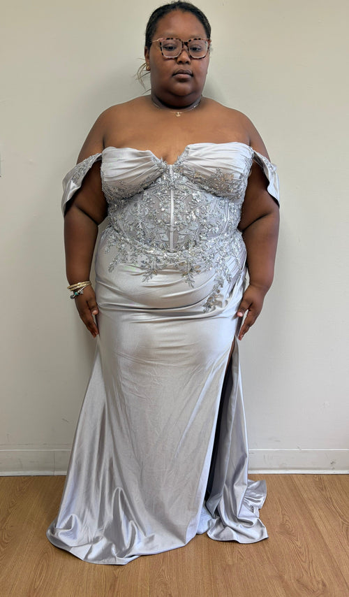 Plus Size Mermaid Evening Gown with Beaded Corset Bodice & High Slit by May Queen MQ2181B