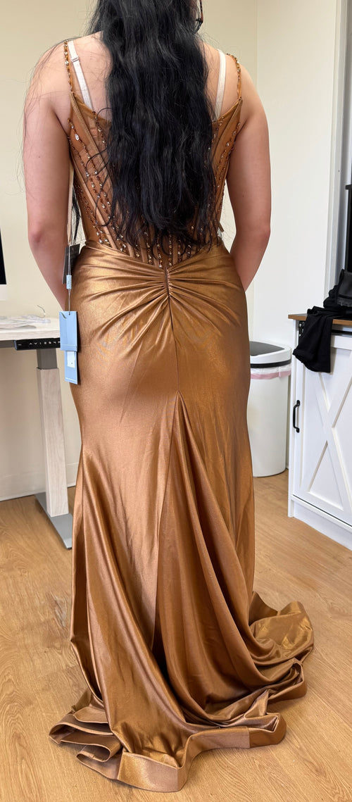 Shimmer Beaded Corset Satin Gown with Spaghetti Straps and High Slit By Lenovia 8404