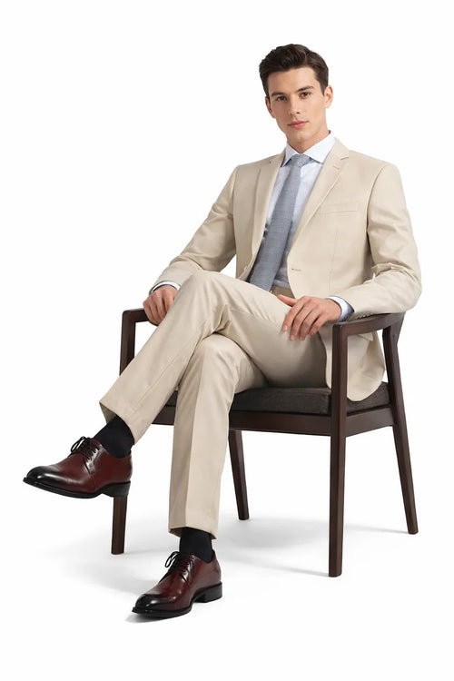 Mens Basic Two Button Classic Fit Suit With Optional Vest In Light Tan Beige