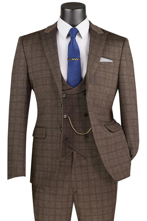 Men’s Brown 3-Piece Slim Fit Suit – 2 Button Peak Lapel Jacket with Double Breasted Vest & Flat Front Pants