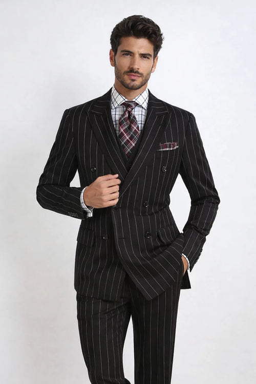 1920s Double Breasted Pinstripe Suit in Black from Vinci Suits