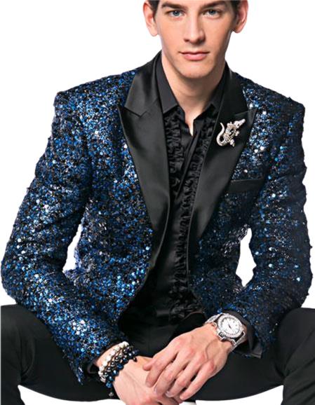 Fashion Unique Brand Men's Blue Sequin paisley Dinner Jacket Tuxedo Blazer glitter sparkly Sport coat peak lapel 10 days delivery custom make mensusain