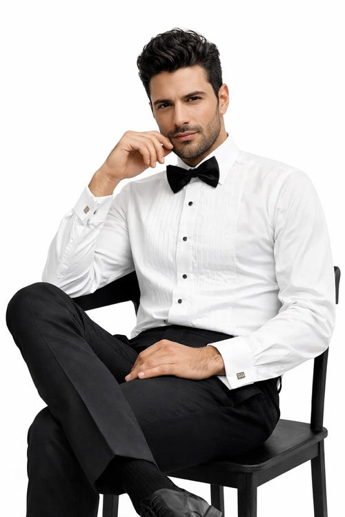 Classic Tuxedo MEN'S REGULAR FIT POINT COLLAR HALF-INCH PLEAT WHITE TUXEDO SHIRT & BOWTIE SET