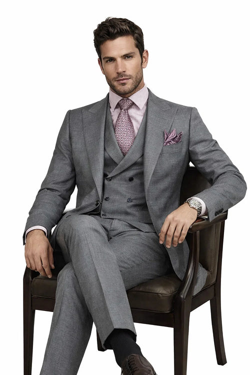 Men's Summer Sharkskin Suit with Double Breasted Vest in Charcoal Grey