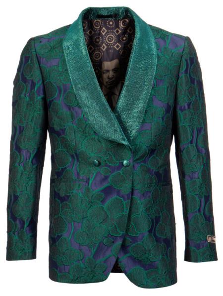 Mens Green Tuxedo Jacket with Floral Pattern Shawl Lapel Double Breasted - Blazer by mensusain