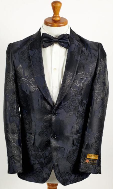 Mens Shiny Black and Navy 2 Button Floral Paisley Prom 2026 and Wedding Blazer by mensusain
