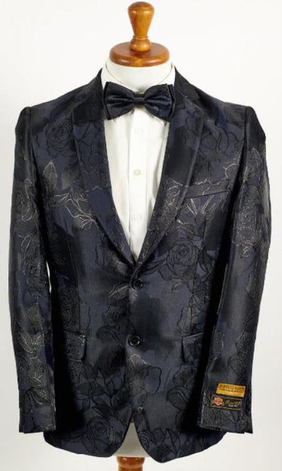 Mens Shiny Black and Navy 2 Button Floral Paisley Prom 2026 and Wedding Blazer by mensusain