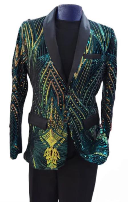Mens Two Toned Sequin Blazer - Green Prom 2026 Shiny Tuxedo Slim Fit mensusain