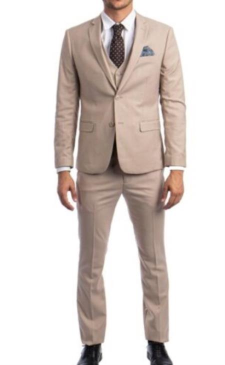 Mens Tan Beige 3 Piece 2 Button Ultra Slim Fit Suit mensusain