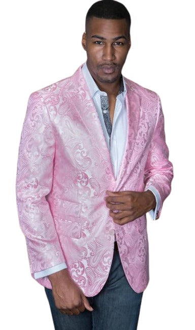 Mens Light Pink Tuxedo - White and Pink Paisley Sport Coat mensusain
