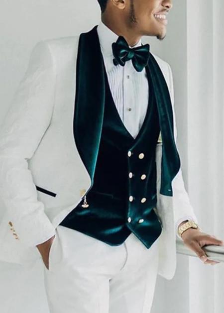 Wedding Tuxedo - Groom Suit - White and Dark Green Prom Suit - 100% Percent Wool Fabric Suit - Worsted Wool Business Suit β SuitUSA