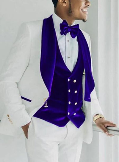Mens Vested Designer Wide Royal Blue Velvet Shawl Tuxedos in Ivory Paisley Designer Prom Tuxedos