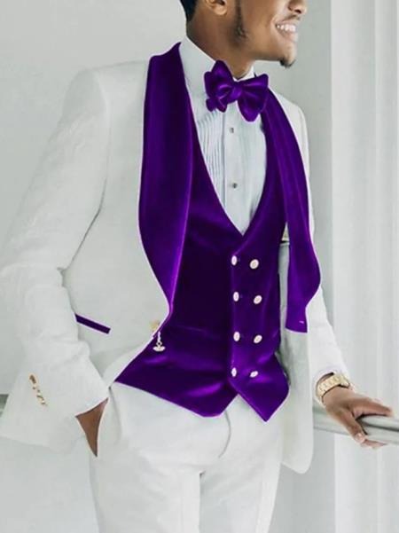 Wedding Tuxedo - Groom Suit - White And Purple Prom Suit