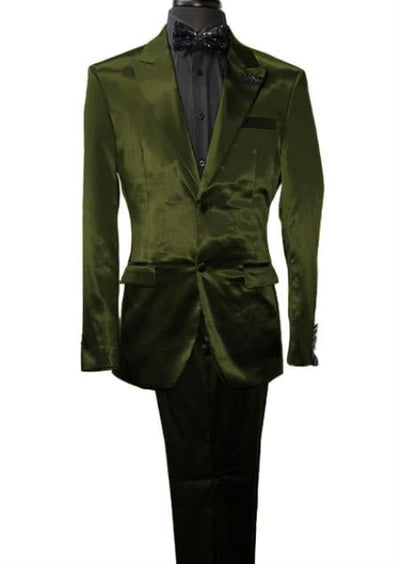 Mens Shiny Blazer - Olive Green Sateen Vested Suit mensusain