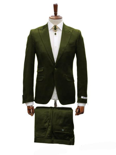 Mens Shiny Blazer - Olive Green Sateen Vested Suit