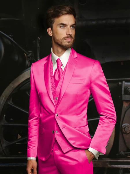 Mens Shiny Blazer - Hot Pink Sateen Vested Suit by mensusa